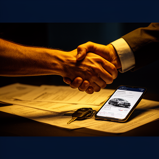 Aperto de mão em negociação de carro usado com documentos e chave sobre a mesa