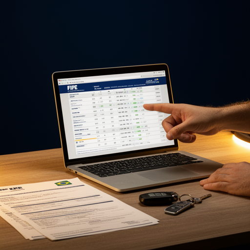 Pessoa apontando para a tabela FIPE no laptop com chave de carro e documento sobre a mesa