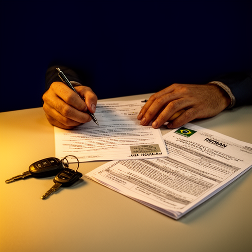 Mãos assinando documento de transferência de veículo com chave de carro e documento do DETRAN sobre a mesa